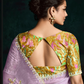 Lavender Organza Saree with Yellow Printed Blouse and Lace Border