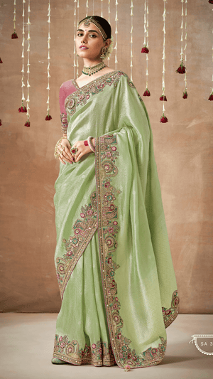 GREEN BRIDAL PURE TISSUE DOLA SILK SAREE - Kimora.in