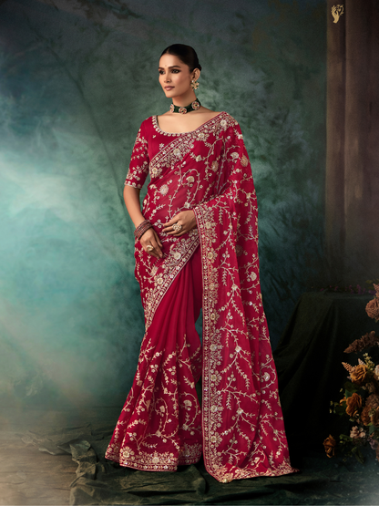 Red Fancy Silk Saree with Heavy Thread Embroidery and Matching Blouse