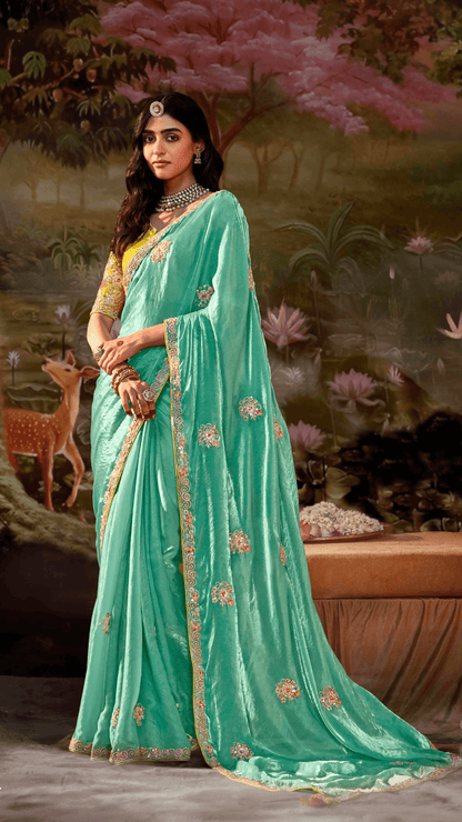SEA GREEN SILK SEQUENCE EMBROIDERY SAREE - Kimora.in