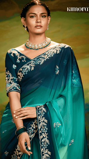 PEACOCK GRACE: DUAL TONE SAREE WITH ZARI & SEQUIN EMBROIDERY - Kimora.in