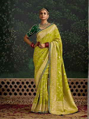 Green Banarasi Dola Silk Saree With Embellished Blouse
