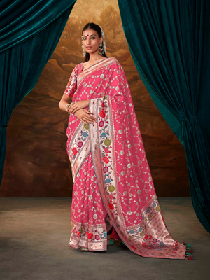 Pink Banarasi Silk Saree with Colorful Flowers