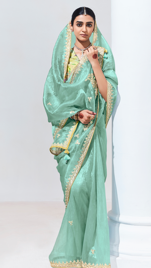 Woman wearing a light green saree with gold embroidery on a white background