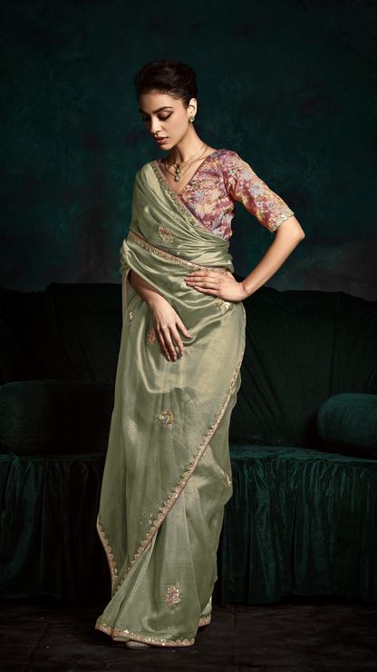 Sage Green Organza Silk Saree with Unstitched Floral Printed Blouse