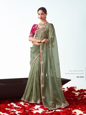 Green Organza Saree with Pink Embroidered Blouse
