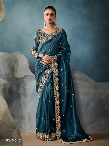 Teal Heavy Embroidery Saree with Blouse