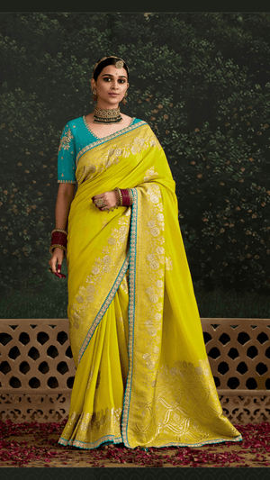 LIME YELLOW BANARASI DOLA SILK SAREE - Kimora.in