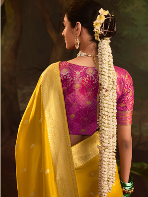 Mustard Yellow Pure Silk Saree With Golden Border and Designer Weaving Blouse