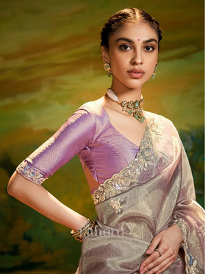 Sukoon Tulle Organza Silk Saree in Grey