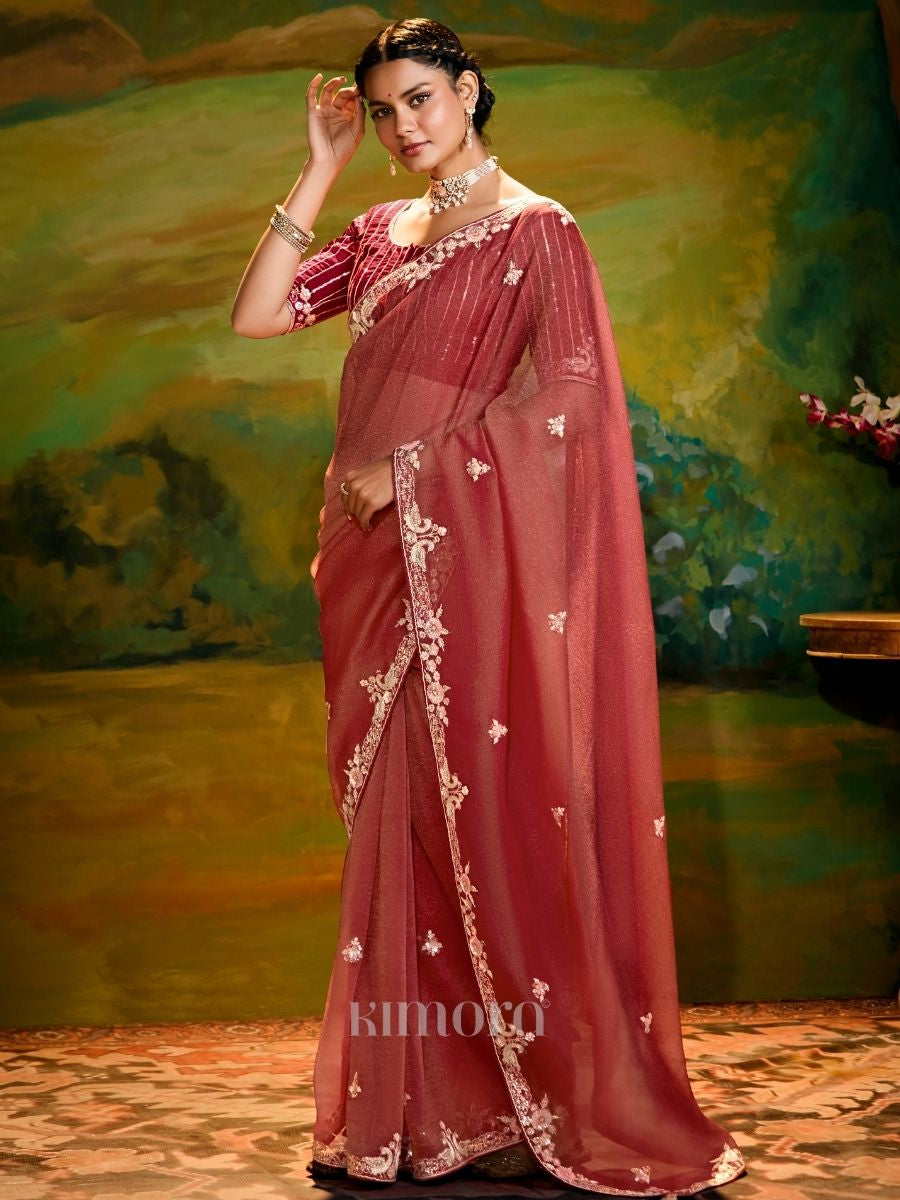 Suvarna Organza Saree In Coral Brown