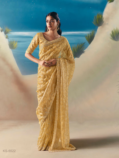 Pastel Yellow Organza Tissue Silk Hand Embroidered Bridal Saree