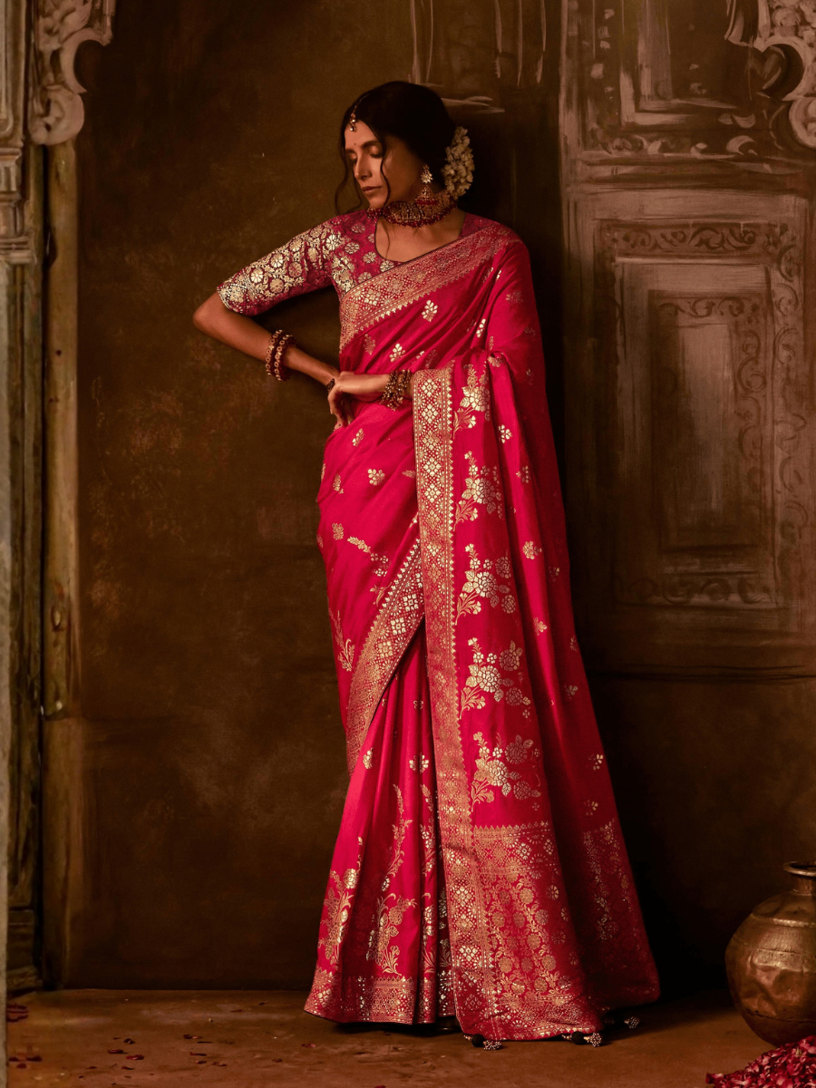 Red Banarasi Saree with Golden Zari Work
