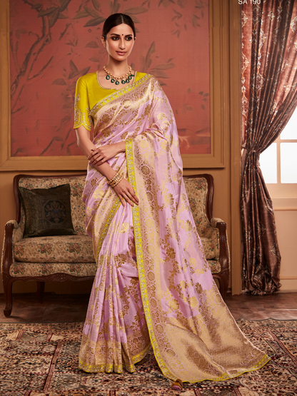 Lavender Silk Saree with Golden Zari Work & Contrast Yellow Blouse