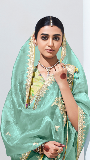 Elegant Green Organza Saree with Crushed Texture