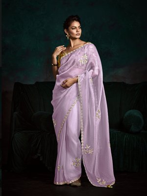 Lavender Organza Saree with Yellow Printed Blouse and Lace Border