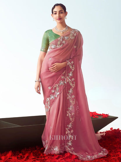 Nazakat Primium Organza Saree In Pink