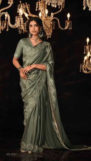 OLIVE GREEN HEAVY EMBROIDERED DESIGNER SILK SAREE - Kimora.in