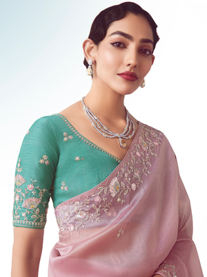 Baby Pink Organza Silk Saree with Green Silk Blouse – Zari & Sequins Work