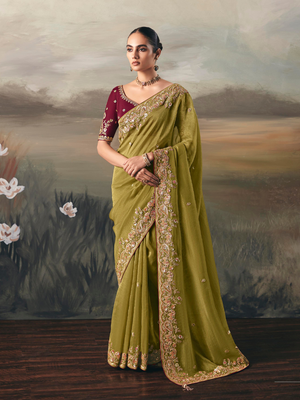 Olive Green Art Silk Saree with Embroidered Border and Maroon Blouse