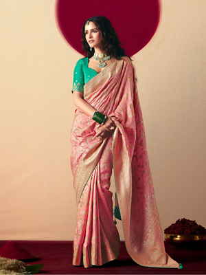 Peach Weaving Banarasi Saree with Sea Green Blouse