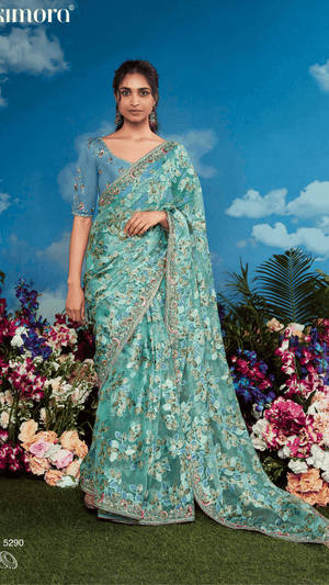 SEA GREEN BRASSO ART SILK SAREE WITH BLUE EMBROIDERED BLOUSE - Kimora.in