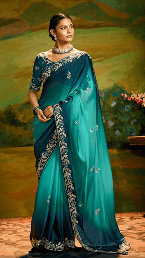 PEACOCK GRACE: DUAL TONE SAREE WITH ZARI & SEQUIN EMBROIDERY - Kimora.in