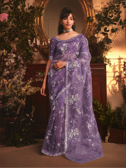 Party Wear Purple Fancy Fabric Saree with Floral Work
