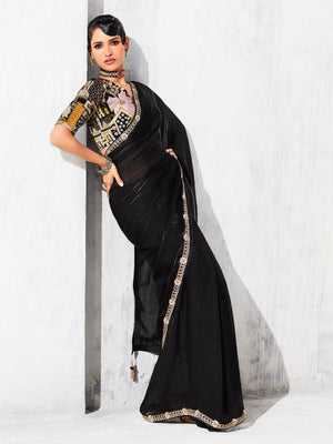 Black Fancy Silk Saree With Embroidery Border and Designer Blouse