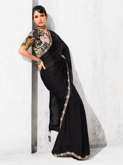 Black Fancy Silk Saree With Embroidery Border and Designer Blouse