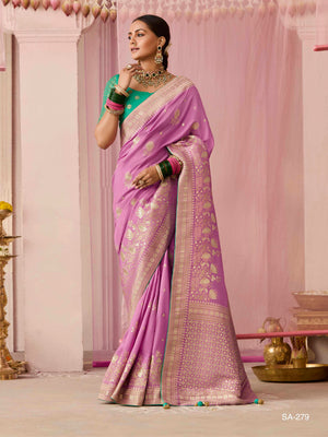Lavender Pink Banarasi Silk Saree with Emerald Rama Blouse