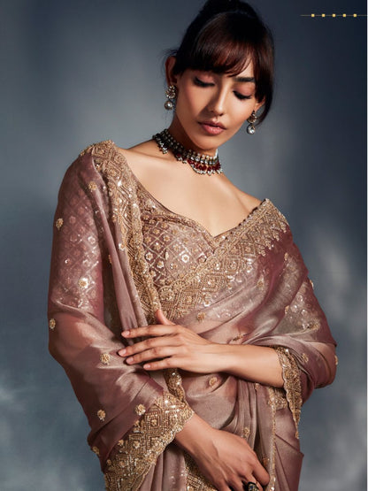 Peach Pure Tissue Silk Saree with Designer Blouse