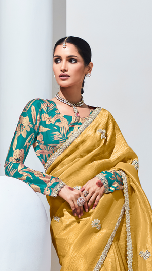 Yellow Pure Tissue Silk Saree with Crushed Texture & Contrast Green Blouse