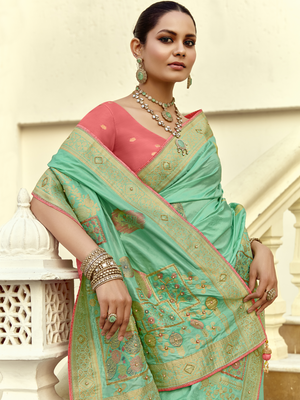 Mint Green Banarasi Silk Saree with Red Blouse