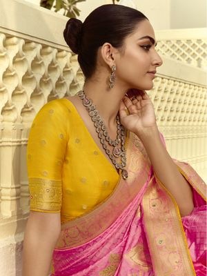 Pink Silk Saree with Contrast Yellow Blouse