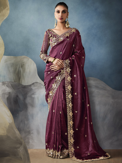 Wine Tissue Embroidered Fancy Heavy Border Saree