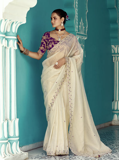White Silk Saree with Purple Silk Blouse
