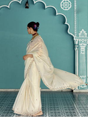White Silk Saree with Purple Silk Blouse
