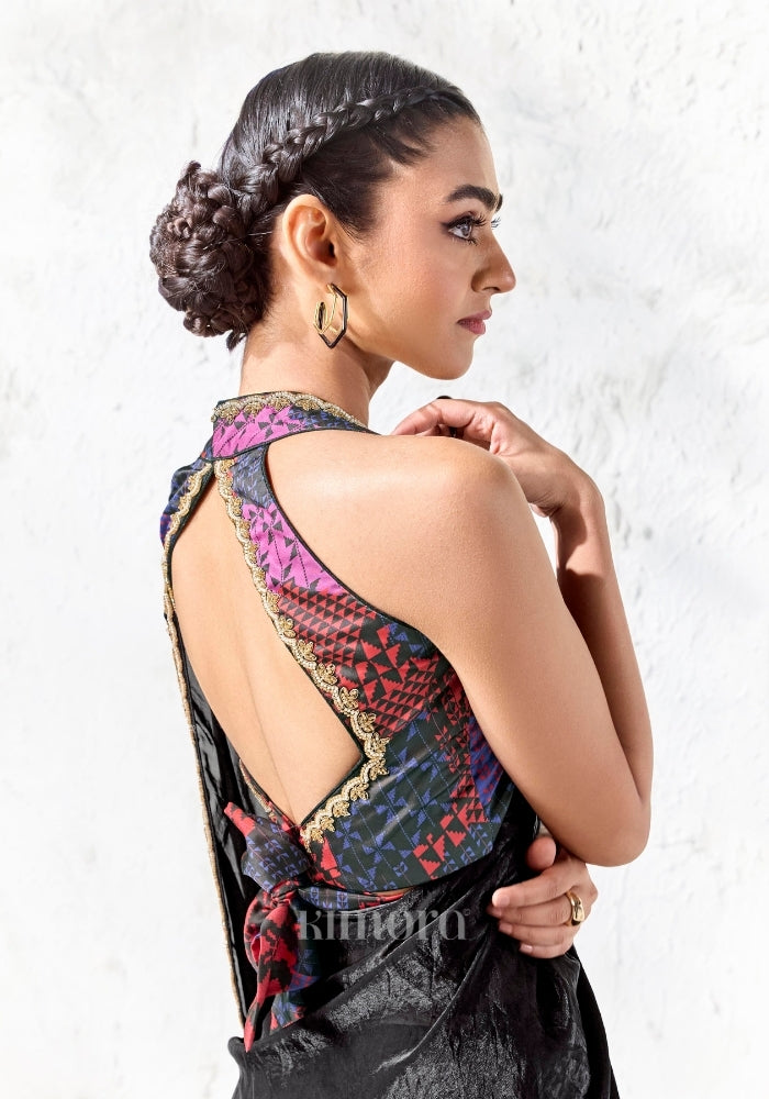 Black designer saree with zari sequin bead embroidery and multicolour satin silk blouse