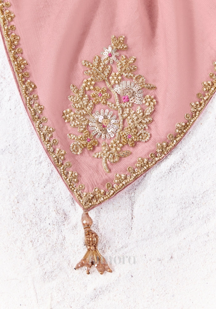 Close-up of the blush pink Tissue Silk saree showcasing intricate zari, sequins and bead embroidered border with elegant craftsmanship.