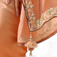 Close-up of the ivory to burnt orange ombre saree showcasing intricate zari, sequins and bead embroidered floral border with handcrafted silk tassel.