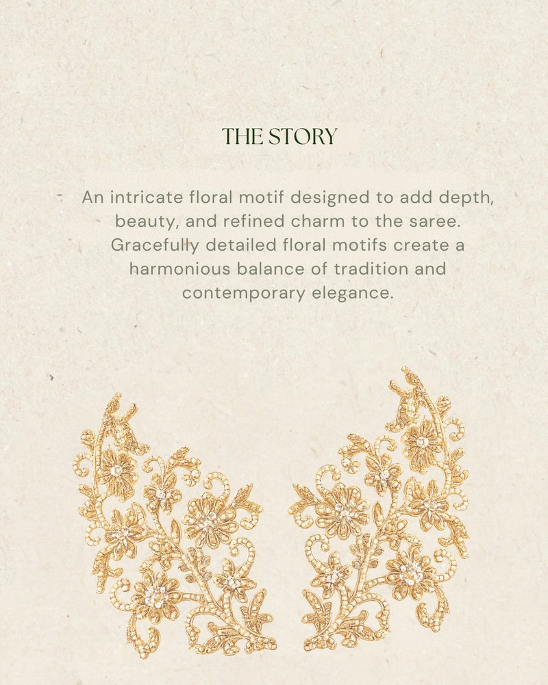 Close-up of the sage green Tissue Silk saree showcasing intricate zari, sequins and bead embroidered floral motif and border.