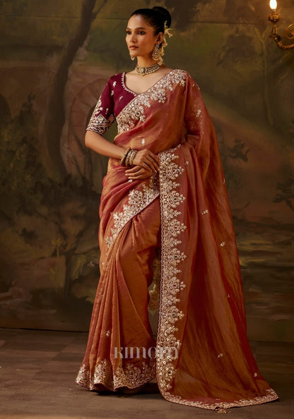 Shehnaz Shimmer Silk Heavy Border Saree in Bronze Copper