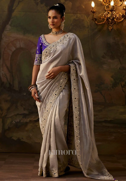 Meherika Shimmer silk heavy border saree in Silver