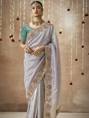 KIMORA’S LAVENDER ZARI TISSUE DOLA SILK SAREE