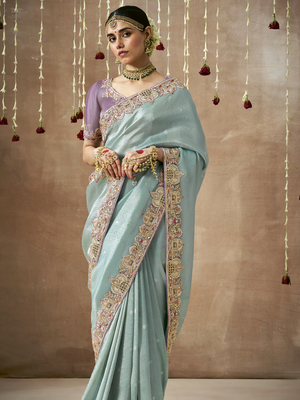KIMORA’S  SKY BLUE TISSUE SILK SAREE