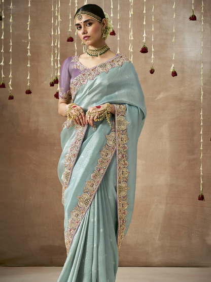 KIMORA’S  SKY BLUE TISSUE SILK SAREE