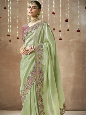 GREEN BRIDAL PURE TISSUE DOLA SILK SAREE