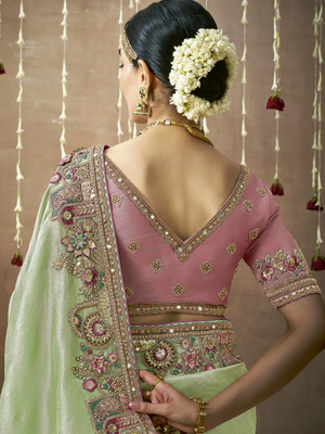 GREEN BRIDAL PURE TISSUE DOLA SILK SAREE