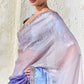 Elegant ombre designer saree in silver, lilac and cobalt blue with embroidered border, perfect for weddings, receptions and cocktail celebrations.